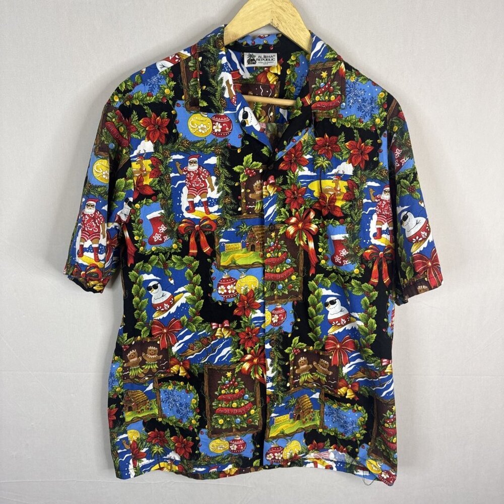 Aloha Republic Men M Hawaiian Christmas‎ Shirt Surfing Santa Made In Hawaii